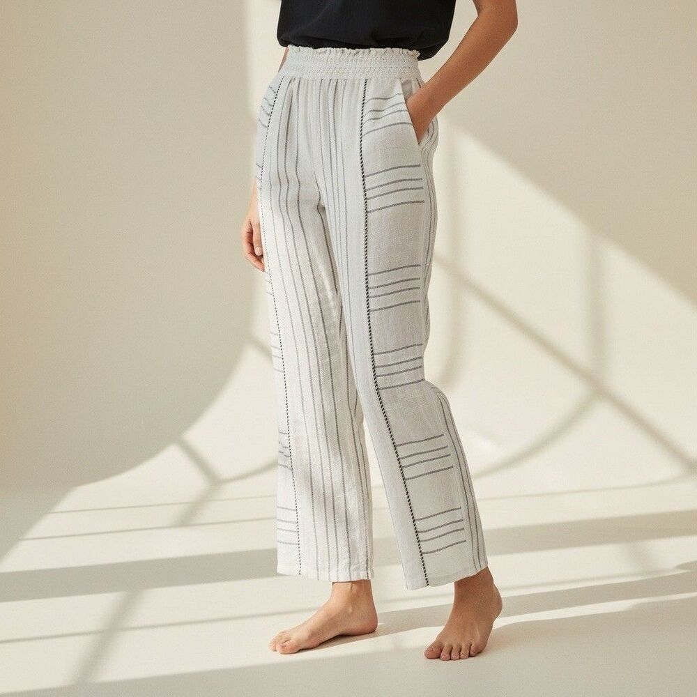 Z&L EUROPE Boho Wide Leg Pants White Striped Viscose Lounge Trousers Womens Med